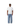 Male model full-body front view wearing plain white oversized t-shirt with blue wide-leg pants.