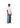 Male model full-body side profile wearing plain white oversized t-shirt with blue wide-leg pants.