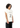 Side view of female model wearing off-white armless t-shirt showing printed “WE ARE GODS 22” design.